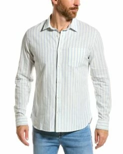 Vince Striped Classic Fit Linen-Blend Woven Shirt Men Casual Button Downs
