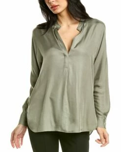 Vince Band Collar Silk-Blend Blouse Women Tops