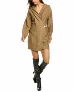 Vince Collared Linen-Blend Wrap Dress Women Dresses