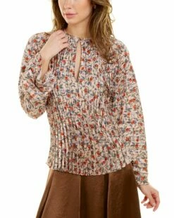 Vince Pomegranate Pleated V-Neck Blouse Women Tops