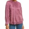 Vince Shirred Neck Silk Blouse Women Tops