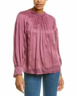 Vince Shirred Neck Silk Blouse Women Tops