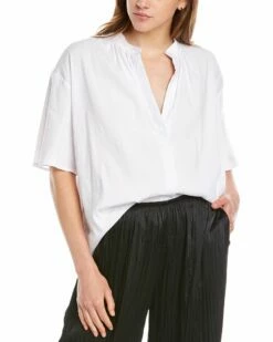 Vince Shirred Band Collar Linen-Blend Blouse Women Tops