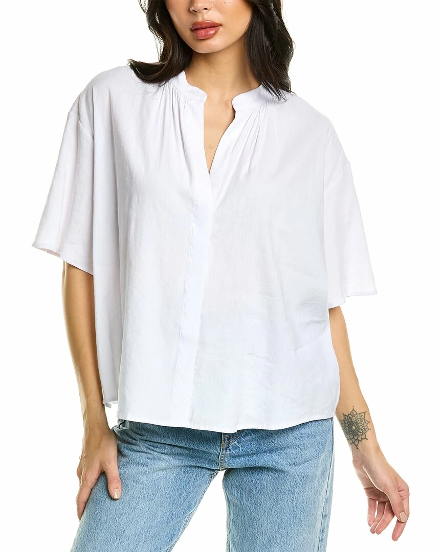 Vince Shirred Band Collar Linen-Blend Top Women Tops 3 Vince Shirred Band Collar Linen-Blend Top Women Tops